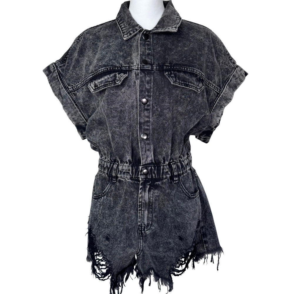 IDEM DITTO Women's Large Black‎ Acid Wash Denim Distressed Romper Frayed Shorts
